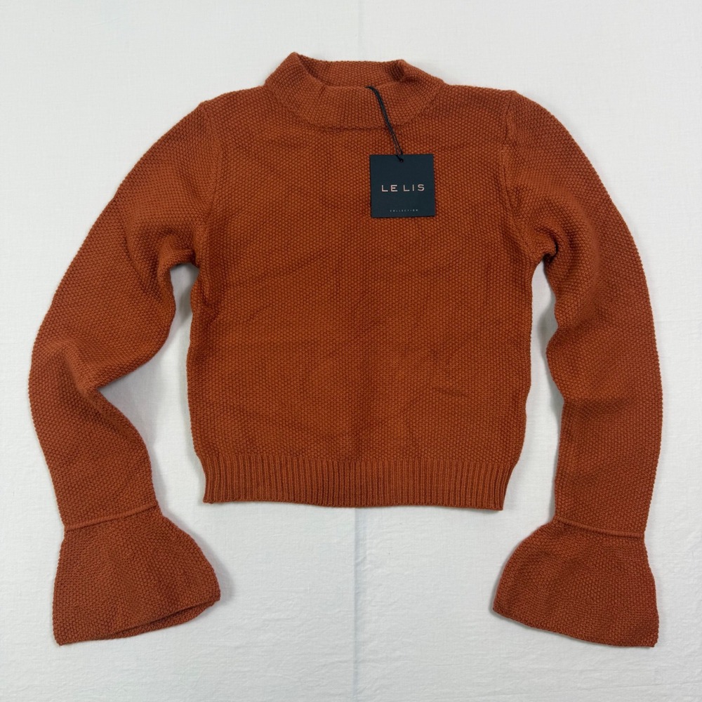 Le Lis Sweater Womens Med Rust Orange Mock Neck Bell Sleeve Knit Pullover NWT